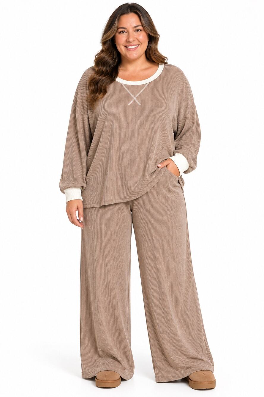 Zenana Mocha Ribbed Contrast Trim Two-Piece Lounge Set - 3X